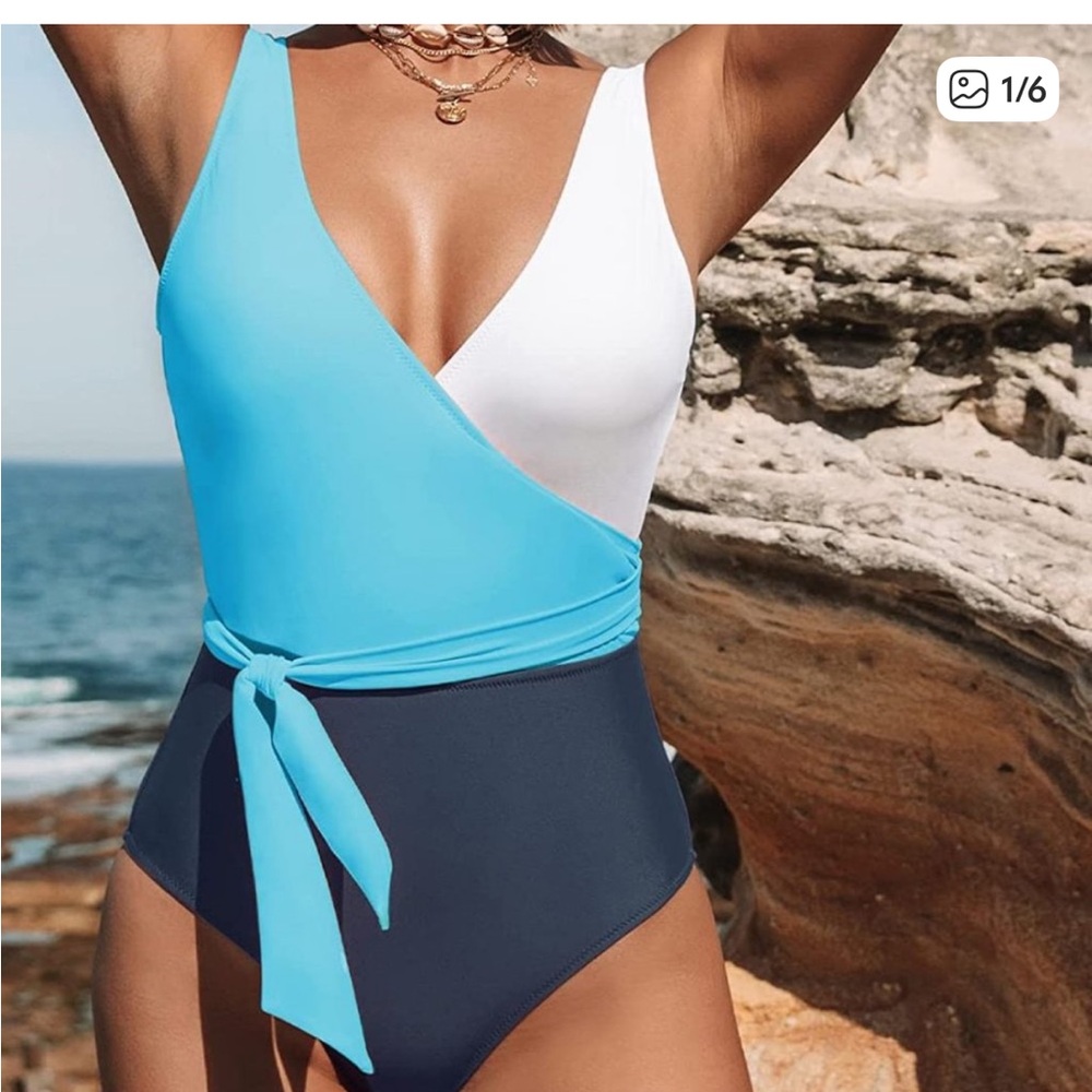 Cupshe Women's Blue Color Block One Piece Swimsuit Plunging Knotted Monokini
